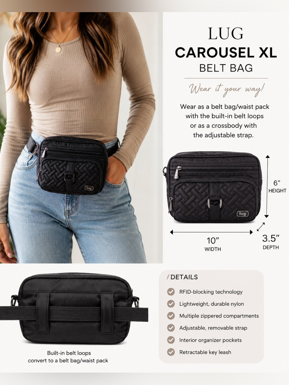 Lug Carousel XL RFID Crossbody & Belt Bag Black Quilted Travel Organizer EUC - Picture 2 of 12